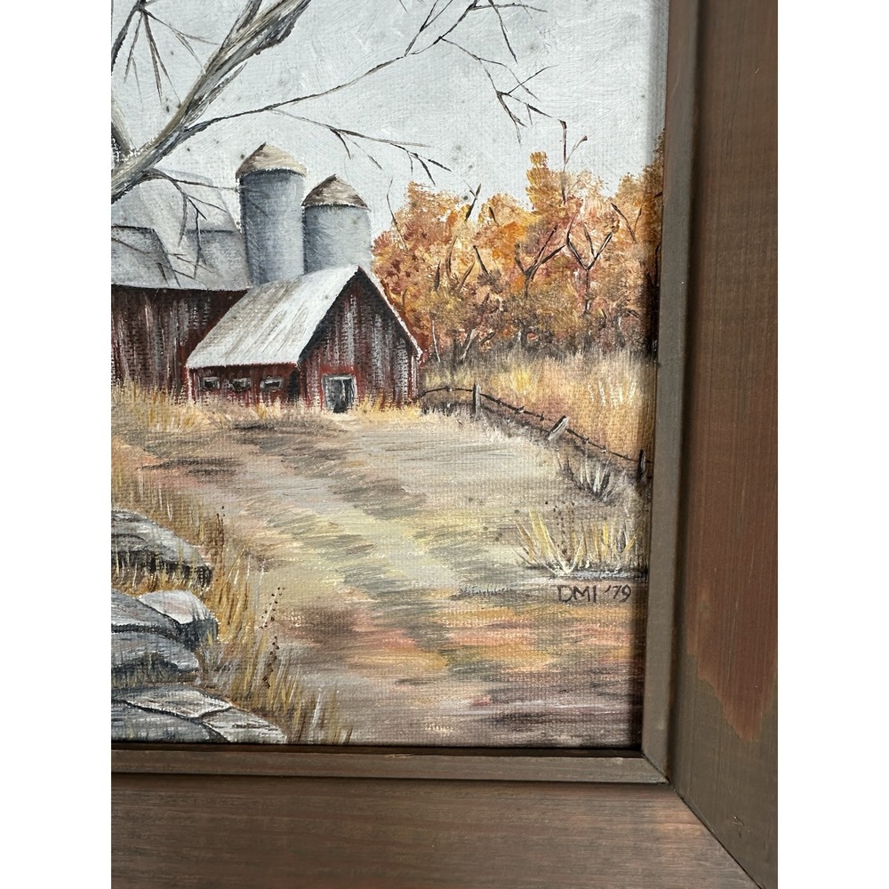 VTG Primitive Original Painting Americana Farm Scene Barn By Connie Law Folk Art - Picture 3 of 12
